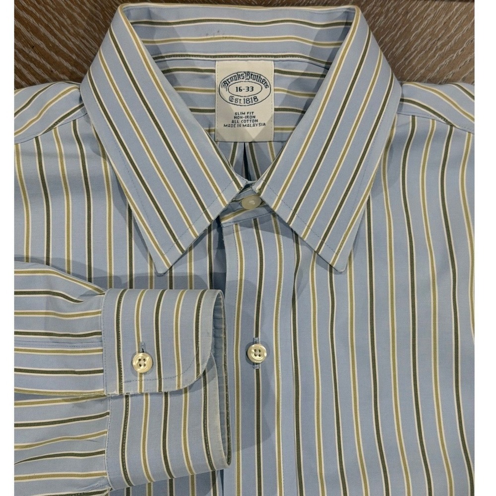 Brooks Brothers 16-33 Slim Fit Non-Iron Cotton Striped Dress Shirt Blue Green